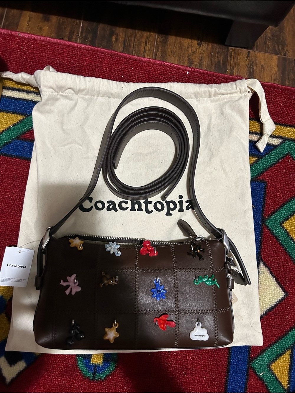 CoachTopia Brown Patchwork Leather Crossbody with Multicolor Charm Accents